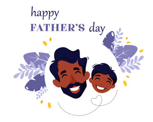 Happy Father's Day. Black man with son. Father's Day greeting card. Vector illustration in flat style.