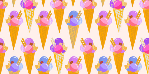 Fototapeta na wymiar Sweet ice cream texture background pattern wallpaper. Vector image with sweet ice cream cones with balls in a waffle cone. Hat for menu, banner, ice cream shop, horizontal background