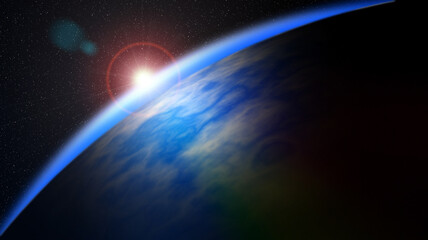 Blue sunrise, view of earth from space with sun flare