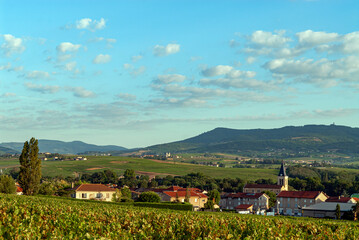 Fototapeta na wymiar Le village de Cercié dans le vignoble du Beaujolais dans le département du Rhône en France
