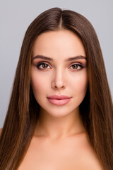 Fototapeta premium Vertical view close-up portrait of her she nice-looking attractive lovely charming cute gorgeous straight-haired girl smooth soft skin perfection isolated over gray pastel color background