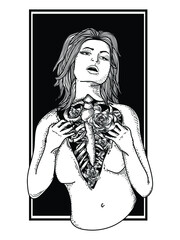 tattoo and t-shirt design black and white hand drawn rose in women premium vector