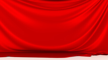 Red silk fabric on white floor. Red stage silk curtain. Beautiful background. High resolution.