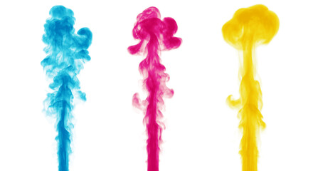 Streams of blue, pink and yellow smoke on a white background. Smoke or ink color illustration.