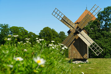 Old vintage wooden windmill in the background of the summer field. Saaremaa, Estonia.