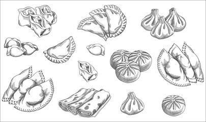Vector illustration of different dumplings types and styles. Manty, meat dumpling, pelmeni, jiaozi, pyanse or pigodi, khinkali, ravioli, pancake, crepe, Pierogi or varenyky. Vintage hand drawn style.