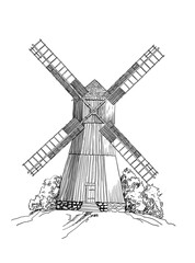 Mill sketch. Hand drawn vintage wooden windmill. 