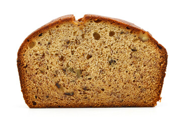 A fresh homemade loaf of banana walnut bread on white background