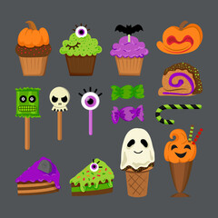 Set of Halloween cupcakes, lollipops and ice cream