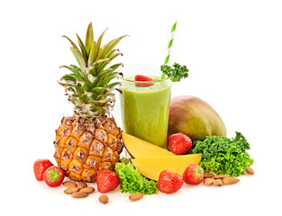 Pineapple, mango tropical fruit smoothie. Detox healthy eating diet concept. Exotic pineapple vegan smoothie isolated on white. Tropical green, pineapple, almond cocktail