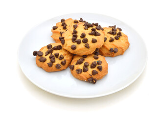 Chocolate chip cookies isolated in plate on white background.