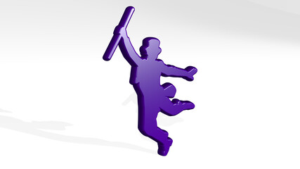 HAPPY MAN WITH CLASSIC HAT AND STICK from a perspective with the shadow. A thick sculpture made of metallic materials of 3D rendering. background and illustration