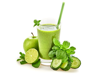 Spinach, apple, cucumber, fruit green smoothie in glass. Detox diet concept. Basil, mint, fruit vegan smoothie isolated on white. Greens homemade vegetarian smoothie cocktail