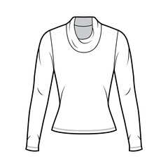 Cowl turtleneck jersey sweater technical fashion illustration with long sleeves, close-fitting shape. Flat outwear apparel template front, white color. Women, men, unisex shirt top CAD mockup