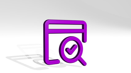 SEO SEARCH PAGE stand with shadow. 3D illustration of metallic sculpture over a white background with mild texture. business and icon