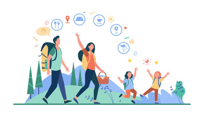 Family hiking or location app concept. Father, mother and children walking outdoors, carrying backpacks and picnic basket. Vector illustration for camping, adventure travel, active hikers topics