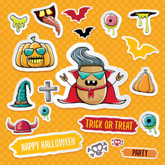 Vector halloween sticker icons set with dracula, witch hat, scary pumpkin, bat , skull, happy halloween text, demon and zombie eyes, wooden cemetry cross, monsters isolated on orange background.