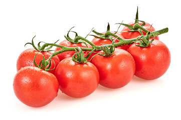 Tomato cherry branch, cooking concept. Fresh, organic tomato, isolated on white. Healthy vitamin vegetables, vegan diet food condiment. Raw tasty cherry tomatoes.