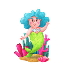 Body positive mermaid with blue hair. Composition with watercolor illustrations in cartoon style. Children's print. Stock image on a white background.