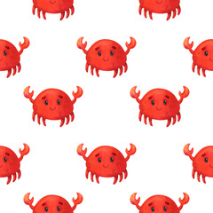 Red crab. Seamless pattern with watercolor illustrations on a white background. Background design. Cute sea animal print for fabric, textile, paper