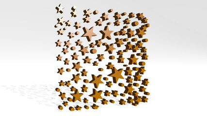 STARS from a perspective with the shadow. A thick sculpture made of metallic materials of 3D rendering. background and illustration