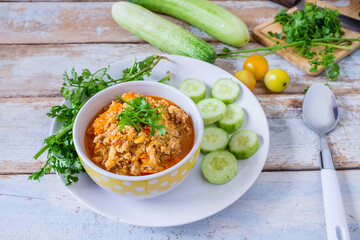 Thai food. thai Pork chili paste with cucumber and fresh vegetables