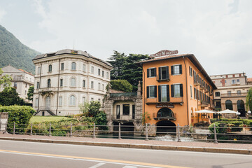 Buildings and hotels on the Lake Como promenade, Como city, Lombardy, Italy 