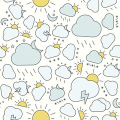 Weather - Vector color background (seamless pattern) of snow, storm, rain, cloud, sunny, wind and moon for graphic design