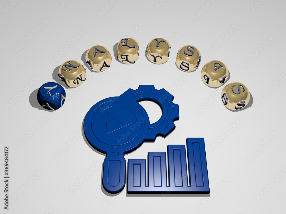 Fototapete 3d illustration of analysis graphics and text around the icon made by metallic dice letters for the 