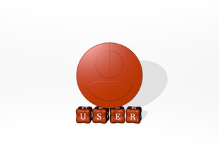 3D illustration of USER graphics and text made by metallic dice letters for the related meanings of the concept and presentations. icon and interface