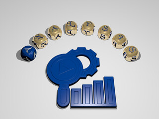 3D illustration of ANALYSIS graphics and text around the icon made by metallic dice letters for the related meanings of the concept and presentations. business and background