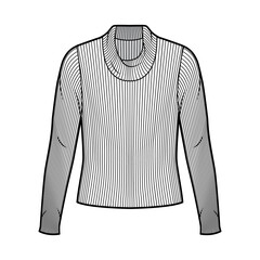 Naklejka premium Ribbed cowl turtleneck knit sweater technical fashion illustration with long sleeves, oversized body. Flat sweater apparel template front white color. Women men unisex shirt top CAD mockup