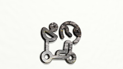 SPACE EARTH made by 3D illustration of a shiny metallic sculpture on a wall with light background. copy and abstract