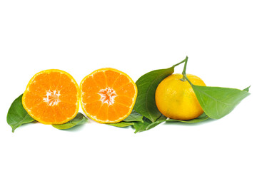 Mandarines, tangerine or clementine with leaves isolated on white background