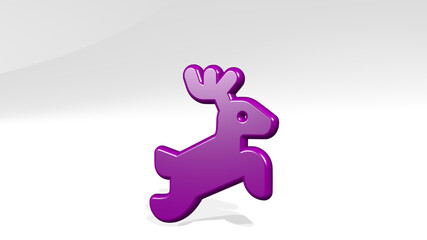 DEER JUMP made by 3D illustration of a shiny metallic sculpture with the shadow on light background. animal and christmas