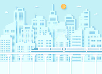 Electric high-speed train, transportation, Cityscape, buildings with blue sky and sun, paper art style