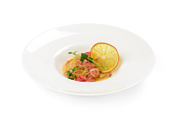 Salad with grilled shrimps isolated on white