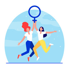 Two girls holding female symbol. Women with venus sign celebrating woman day flat vector illustration. Girl power, empowerment, feminism concept for banner, website design or landing web page