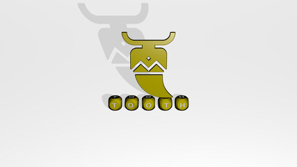 3D graphical image of TOOTH vertically along with text built by metallic cubic letters from the top perspective, excellent for the concept presentation and slideshows. dental and illustration