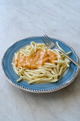 Originial Italian Homemade Trofie Pasta Liguria with Cream and Tomato Sauce.