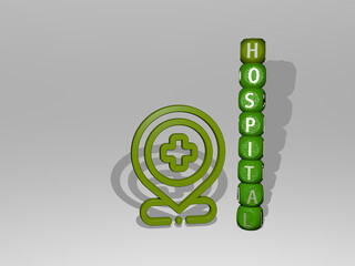 3D representation of HOSPITAL with icon on the wall and text arranged by metallic cubic letters on a mirror floor for concept meaning and slideshow presentation. doctor and care