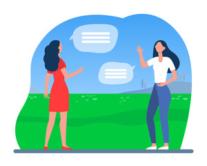 Women keeping social distance. Female friends meeting and talking outdoors flat vector illustration. Communication, pandemic, epidemic concept for banner, website design or landing web page