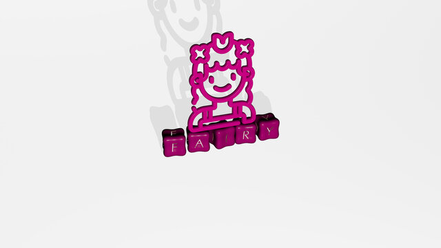 3D representation of fairy with icon on the wall and text arranged by metallic cubic letters on a mirror floor for concept meaning and slideshow presentation. illustration and background