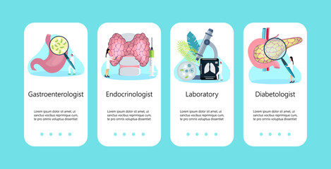 Diabetologist, endocrinologist, gastroenterologist concept vector for mobile sites and applications. The doctor treats the stomach, pancreas, and thyroid. Problems of the human endocrine