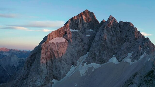 aereal view on sunset in the mountains, jalovec, triglav national park 