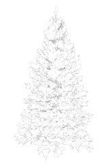Contour of a Christmas tree with snow from black lines on a white background. Front view. Vector illustration