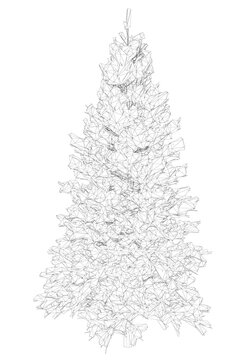 Wireframe of a Christmas tree with snow from black lines on a white background. Front view. 3D. Vector illustration