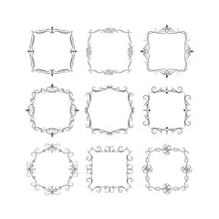 Set of hand drawn vintage swirl borders. Calligraphic scrolls collection. Vector isolated vignette ornate frames for invitation card. 