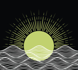 Fabulous, gothic illustration of the sun. Mysticism, minimalism