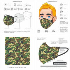 Face Mask Background Design, Pixel Camouflage Print, Military Pattern, Fabric, Protective Face Mask  Mockup Template, Seamless Print Vector, Abstract